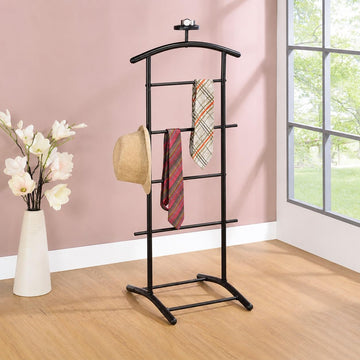Freestanding Metal Suit Valet Stand with Tie Bar, Black