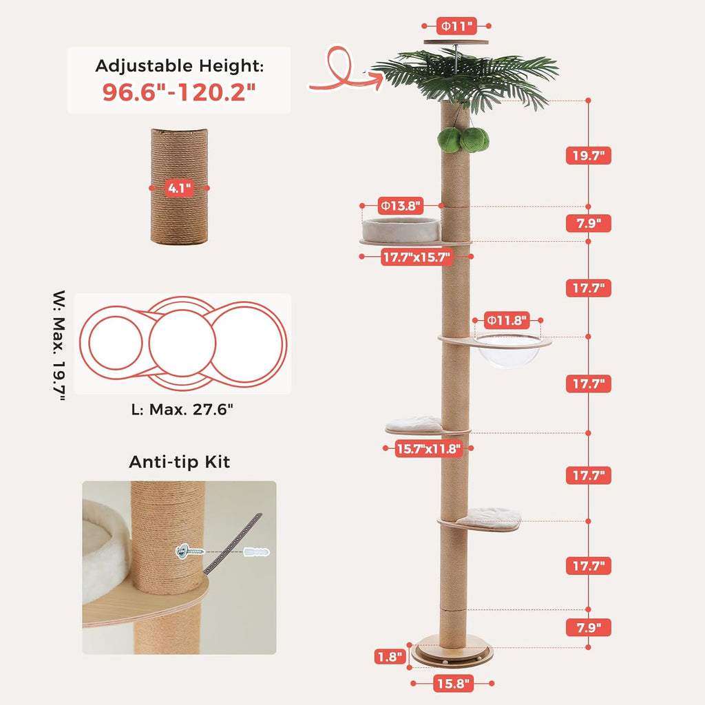 Floor to Ceiling Cat Tree Height (96.5-120.2 Inch) Adjustable, 5 Tier Wood Cat Tower with Thickened Full Sisal