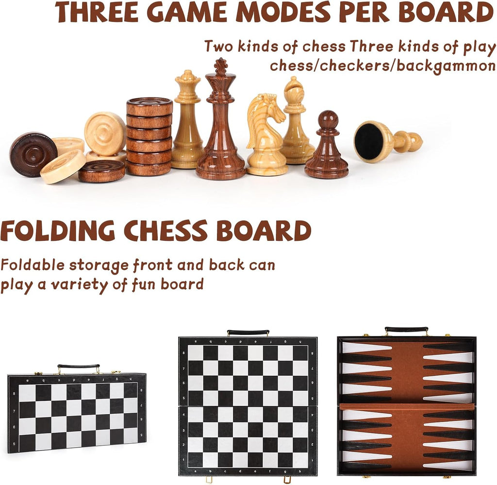 3 in 1 Magnetic Chess Set & Checkers Backgammon Board Game Set, 15" Wooden Folding Chess Board, Tournament Portable