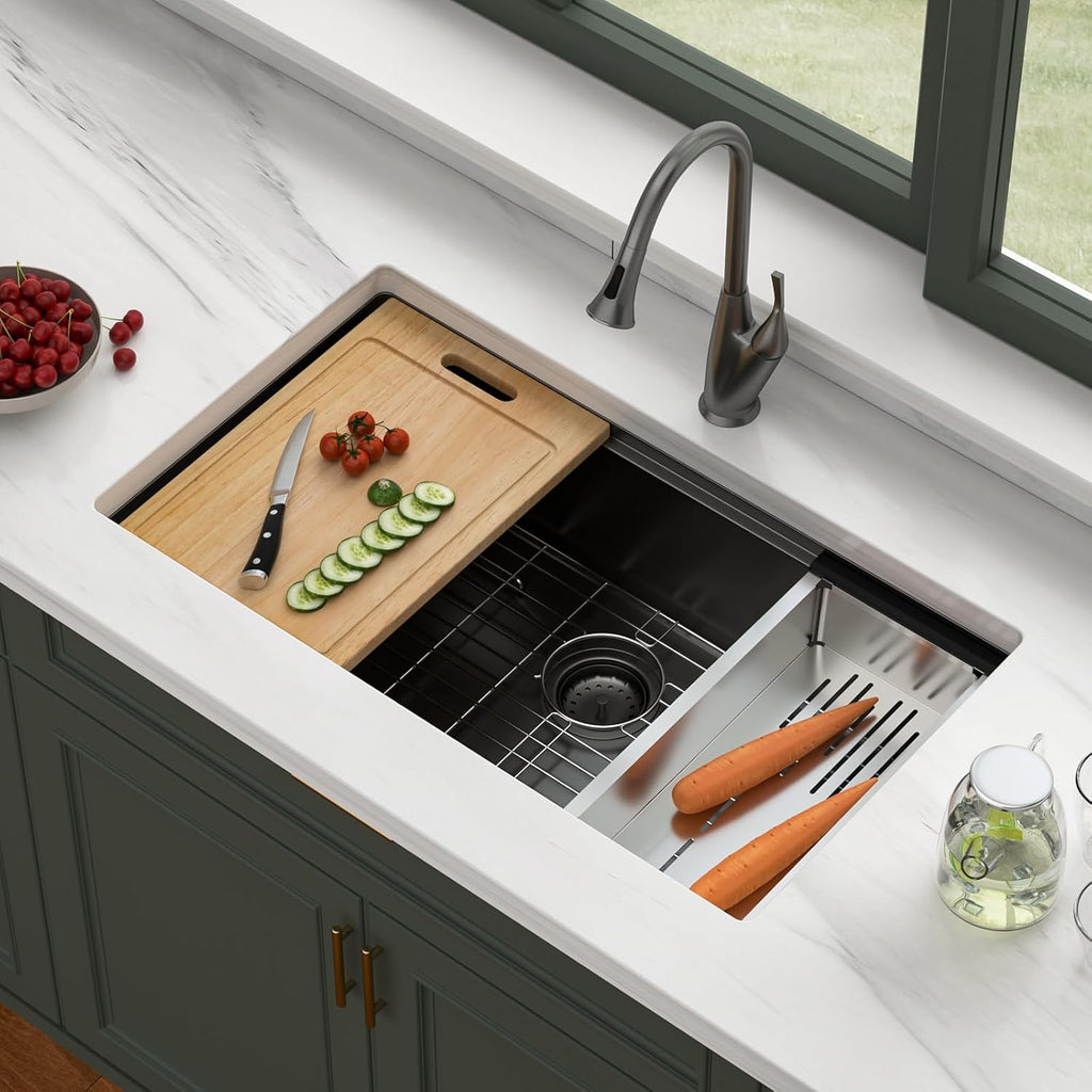 33" Black Undermount Stainless Steel Kitchen Sink Workstation | T304 Stainless Steel Handmade Workstation Undermount