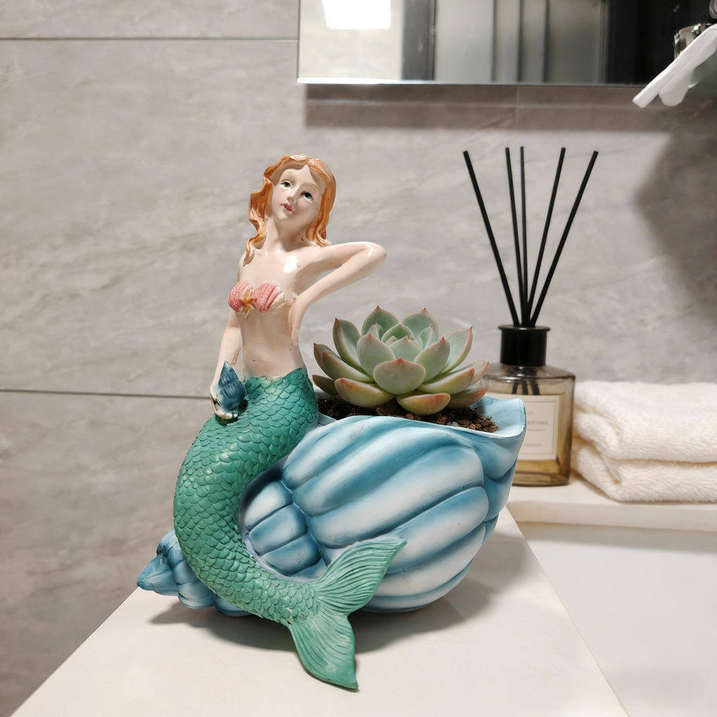 Mermaid Resin Planter Statue, Conch Base Succulent Flower Pot Garden Nautical Decor (Blue)
