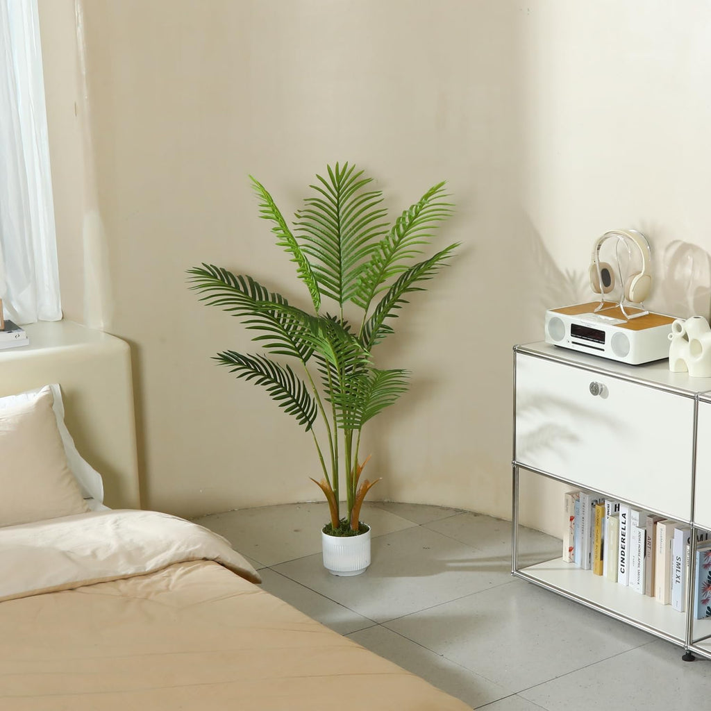 4FT Artificial Palm Tree Indoor with White Pot, Realistic Leaves, 9 Trunks Adjustable Branches, Tall Faux Fake Palm