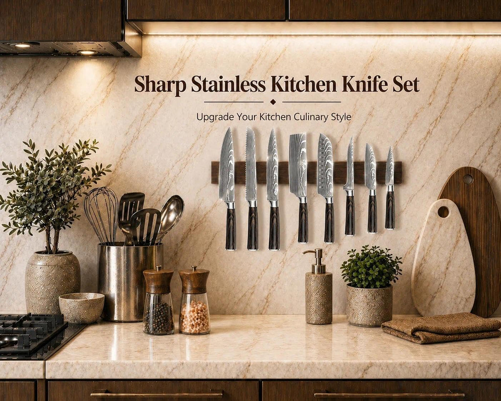 Damascus Kitchen Knife Set, Damascus Steel, Brown Handle | Stainless Steel, Damascus Pattern, Roll Bag, For Meat
