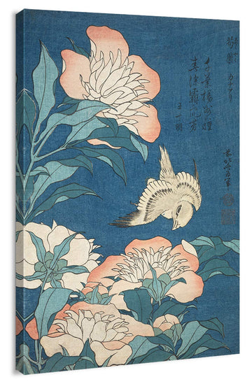 Print Wall Art - Japanese Woodblock Print Peonies and Canary by Katsushika Hokusai - 24x36 inches