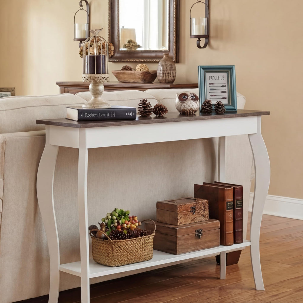 39" Narrow Farmhouse Entryway Table with Storage Shelf, Soft White