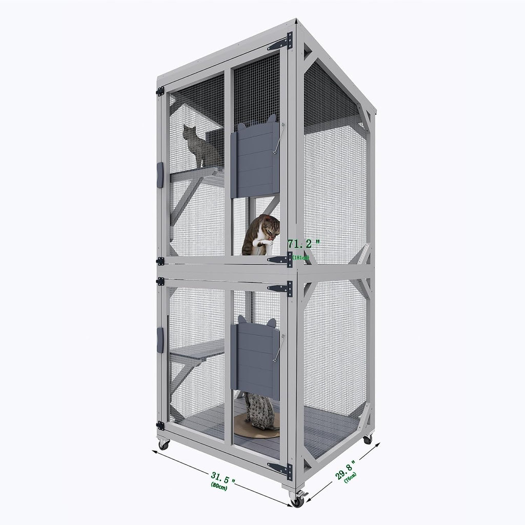 71.2 Inch Tall Wheeled Catio, Outdoor Wooden Cat Enclosure with 4 Doors