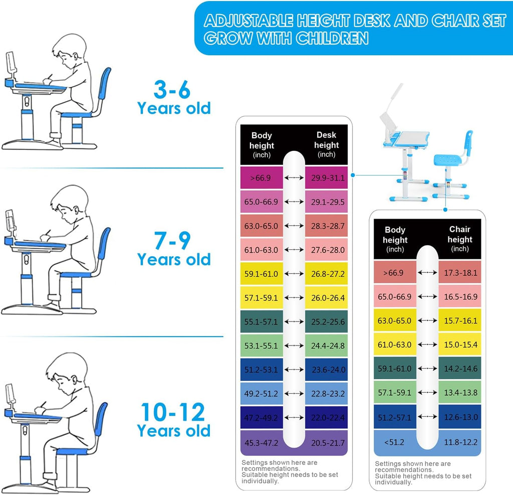 Height Adjustable Kids Desk and Chair Set with LED Light,Drawer