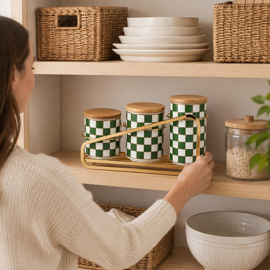 Kitchen countertop ceramic grid pattern airtight jar set - a set of 3 kitchen jars with layered shelves, sealed