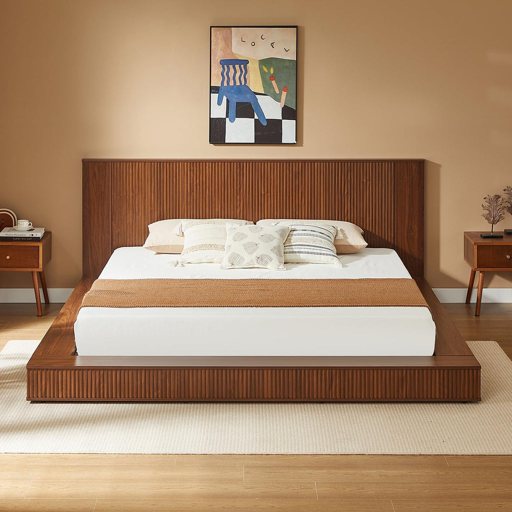 Japanese Wooden Floor Bed Frame King with Walnut Headboard