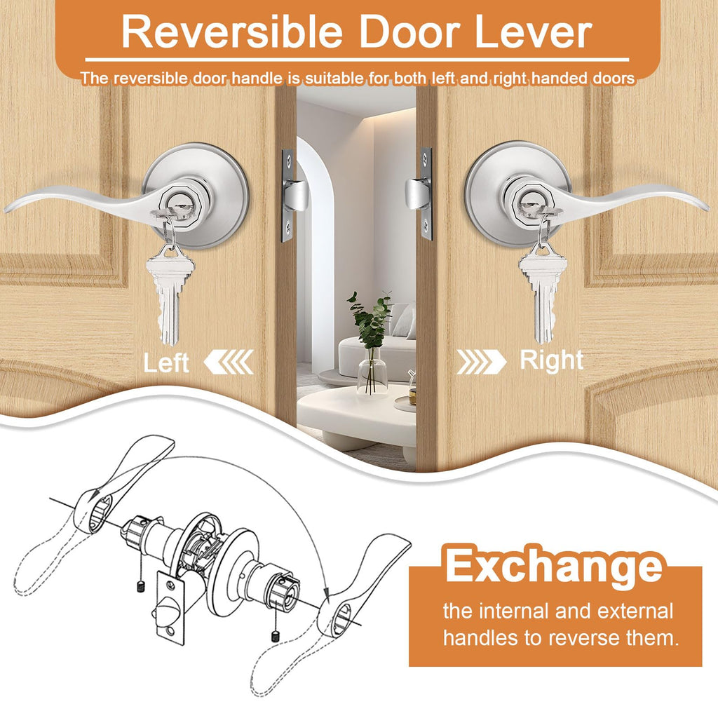 10 Pack Keyed Alike Entry Levers, Wave Style Satin Nickel Entry Locksets, Exterior Interior Door Levers with Lock and