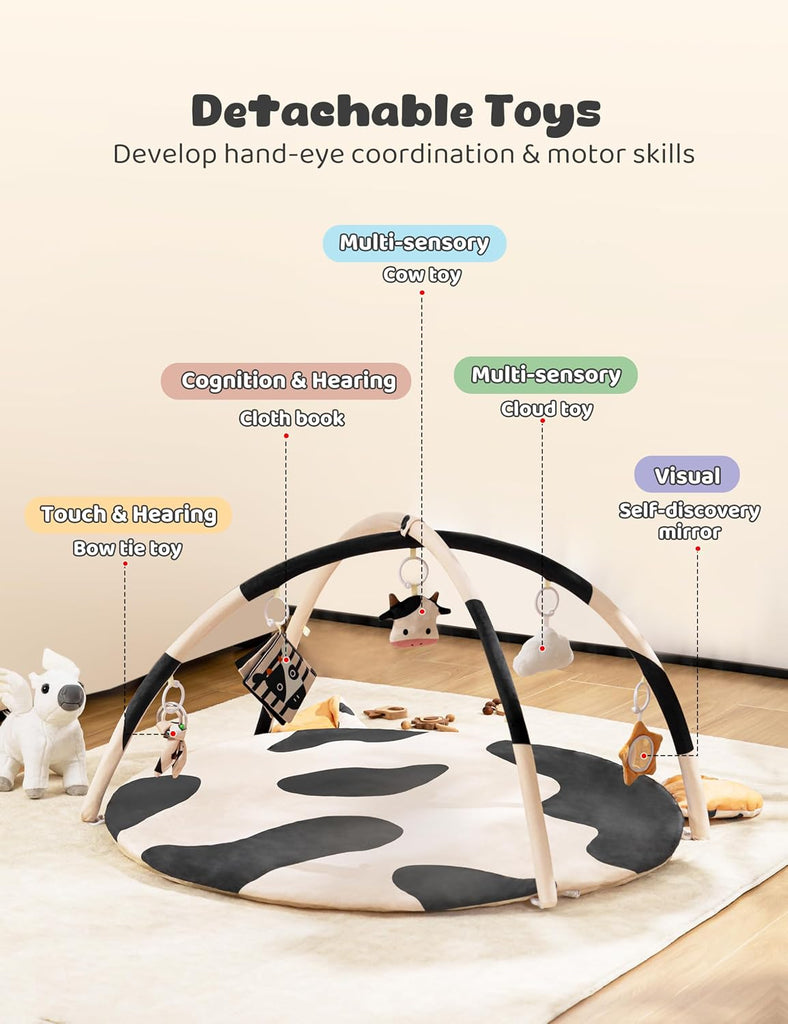 Cow Baby Playmat Activity Gym for Infant 0-12 Months with 5 Toys
