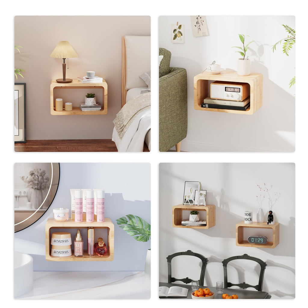 Bamboo Floating Nightstand with Storage Drawer and Modern Open Shelf Cubby, Bedroom, Living Room, Kitchen, Tool Room