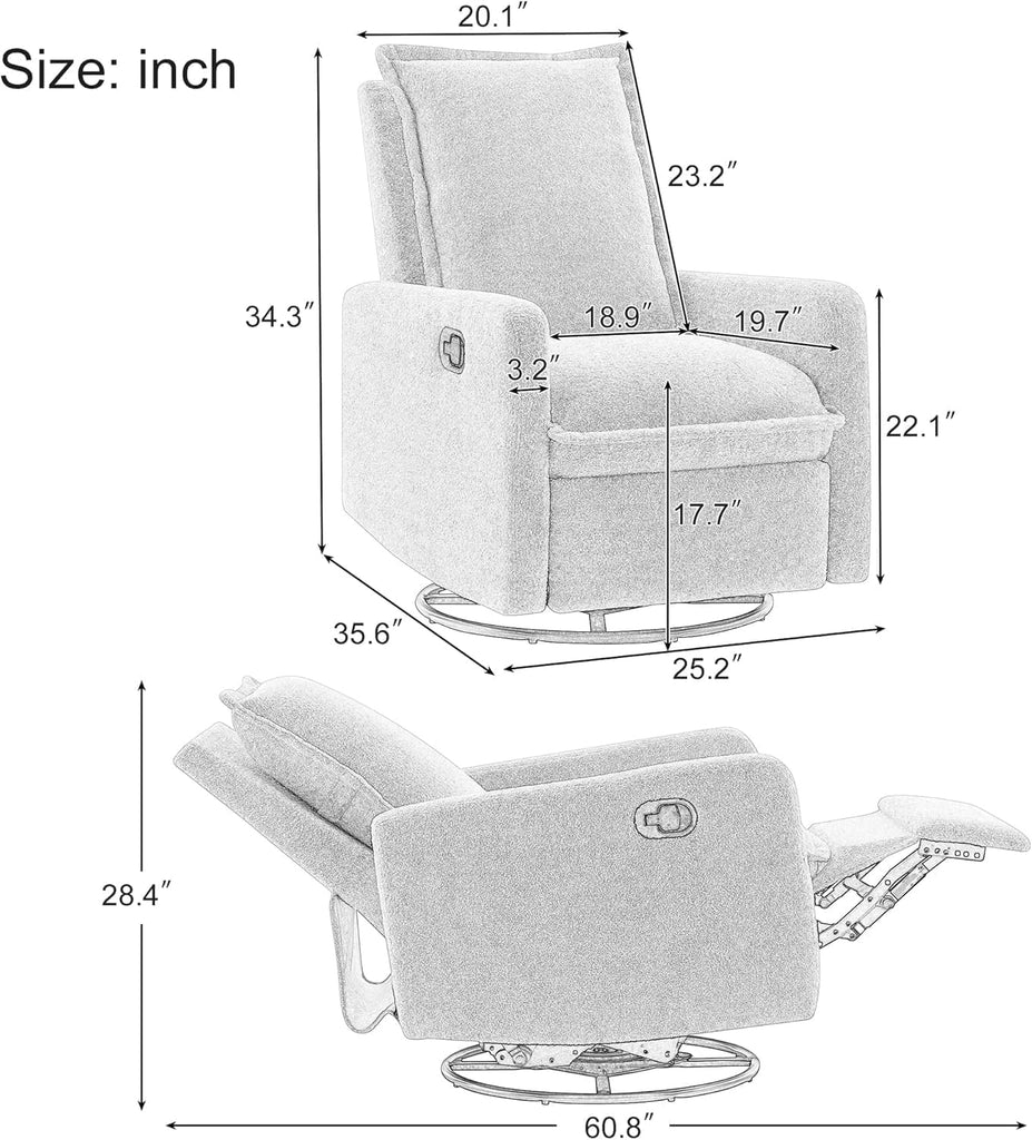 Modern Manual Reclining Chair Glider Rocker Chair with Swivel Bedroom, Manual Lovely Recliner Armchair Boucle