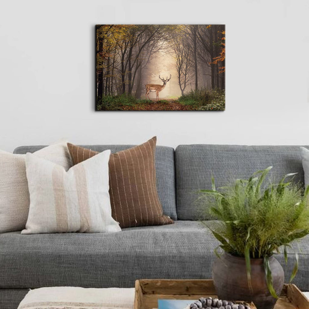 Wild Animal Landscape Canvas Wall Art Deer in Autumn Foggy Forest Picture Wall Decor Elk Wildlife Scenery Photo