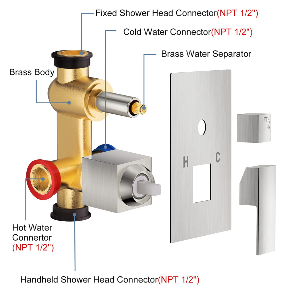 12 Inch Brushed Nickel Shower System, Wall Mounted High Pressure Rain Shower Head with Handheld Sprayer, Bathroom