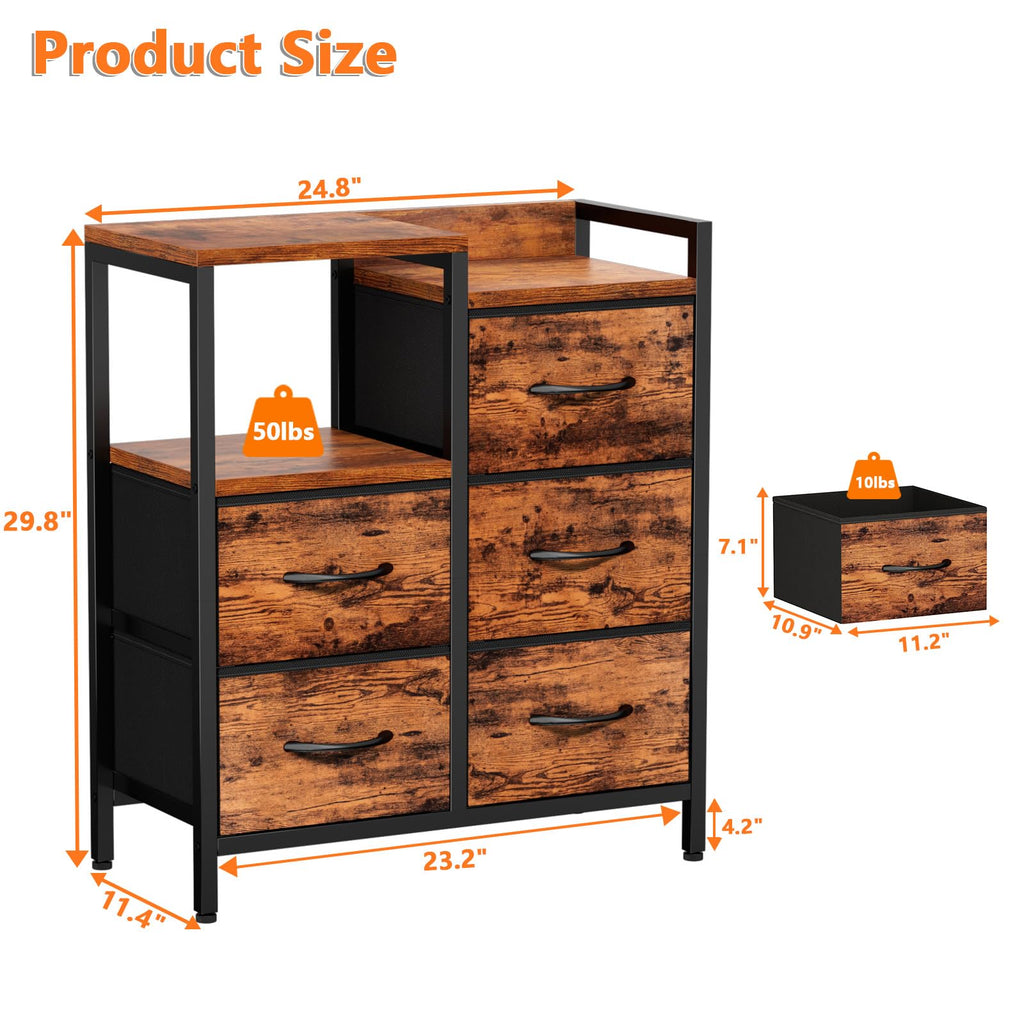 Rustic Brown Dressers , 5 Drawer Dresser for Closet