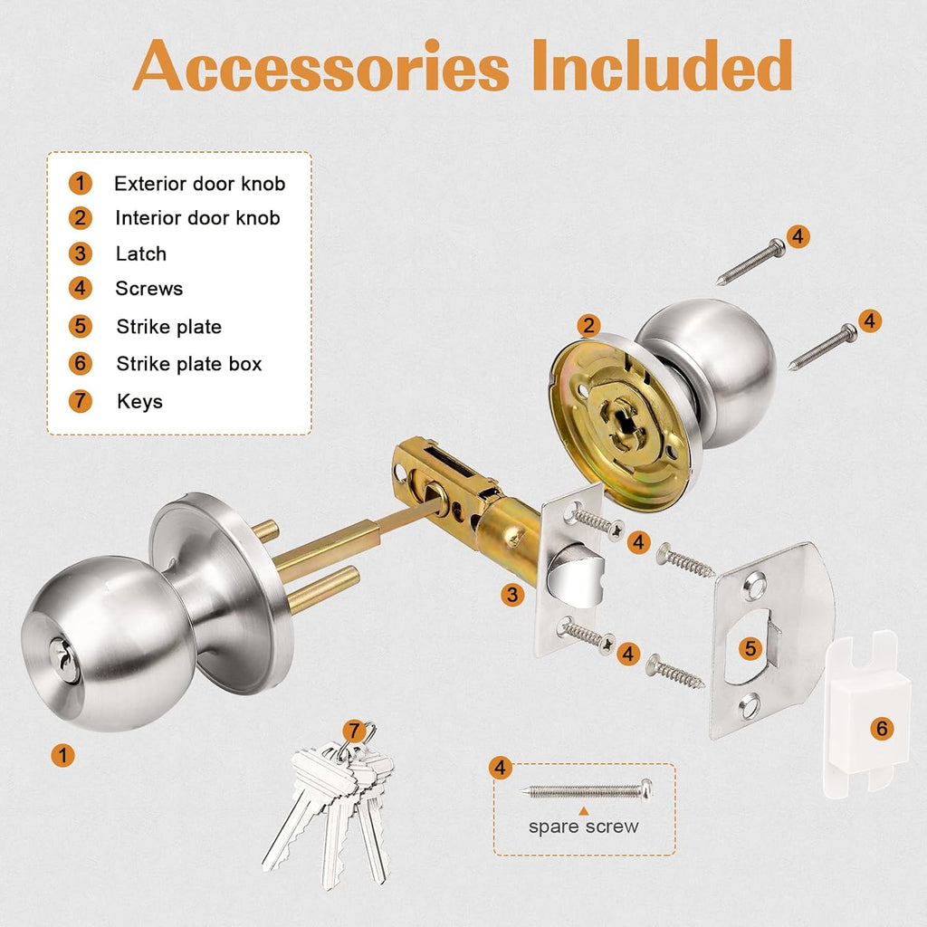 2 Pack Keyed Alike Entry Door Knobs with Lock and Key Ball Door Knob Handles Entrance Door Lockset Brushed Nickel