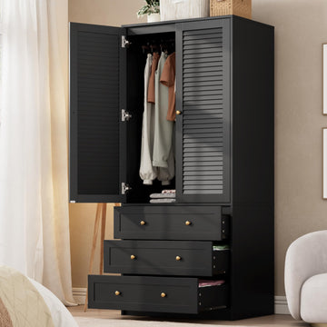 70" Wardrobe Armoire Wooden Closet with 2 Doors and 3 Drawers, Black