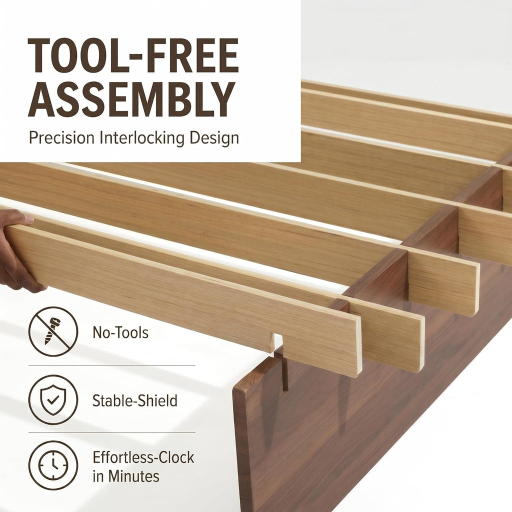 Japanese Platform Bed Frame with Wooden Slats, Easy Assembly