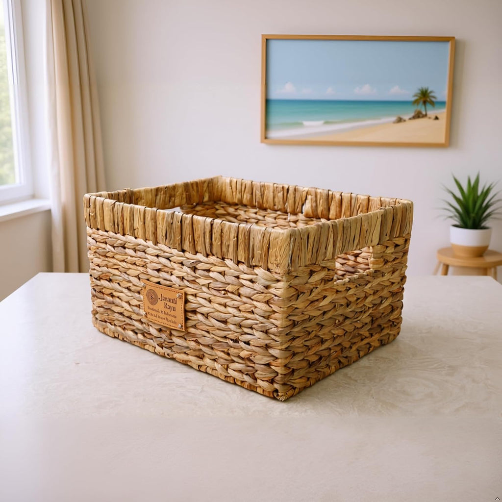 Handmade Water Hyacinth Wicker Storage Basket with Handles - Rectangle Organizer Bin for Shelves, Blanket, Bathroom