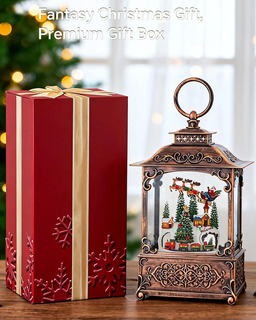 Vintage Christmas Lantern Snow Globe with Santa Sleigh Village Scene, Lighted Musical Holiday Decor with Swirling