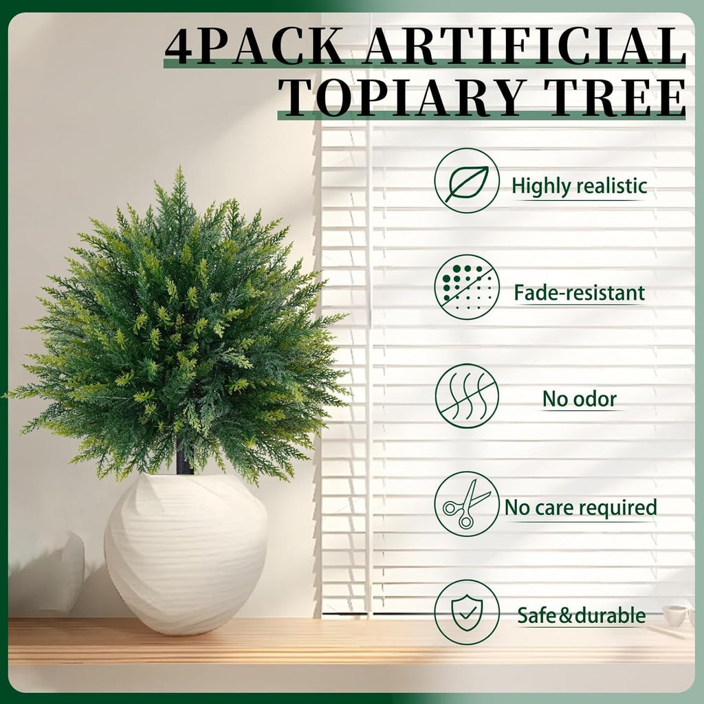 4 Pack Artificial Cedar Topiary Ball Trees with Ground Spike, 23"