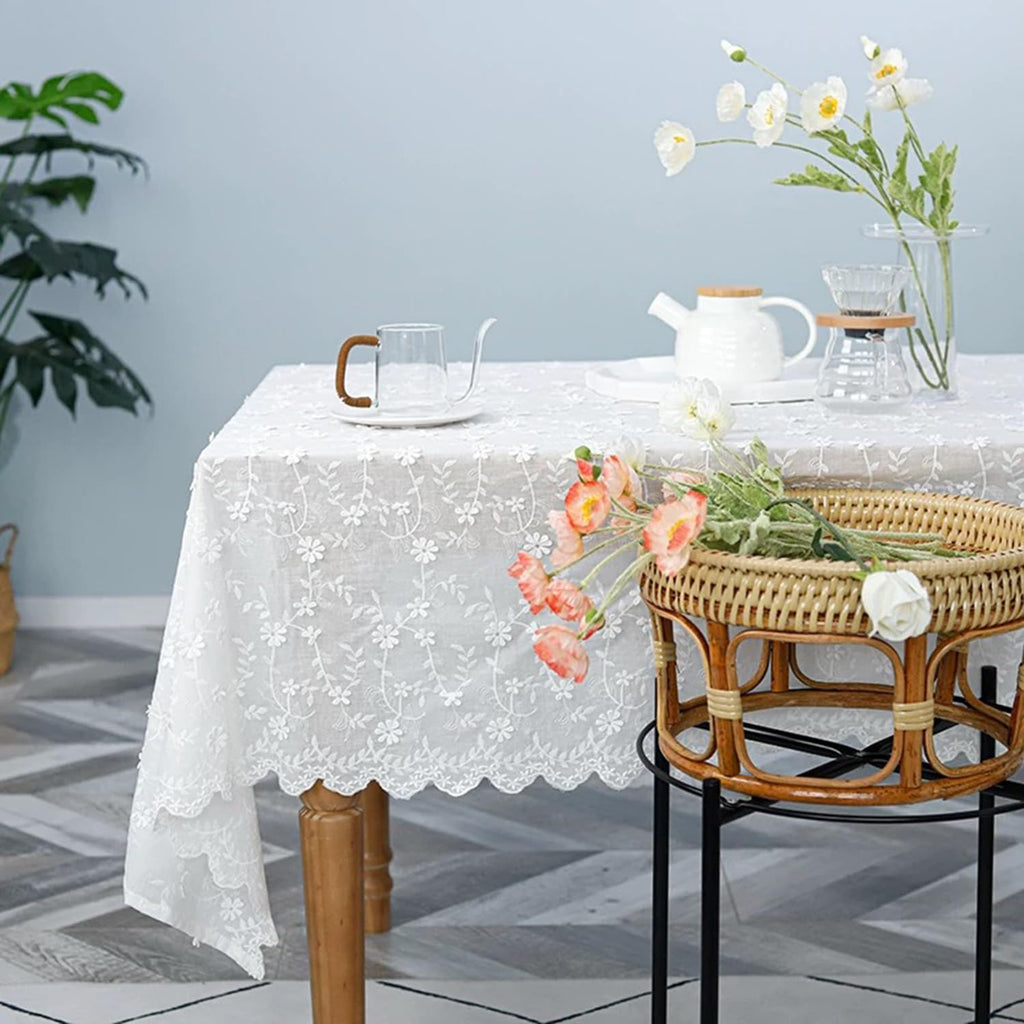 Beige Floral Embroidered Lace Tablecloth, Elegant Scalloped Edge Design, Vintage Farmhouse Style, Banquet, Wedding