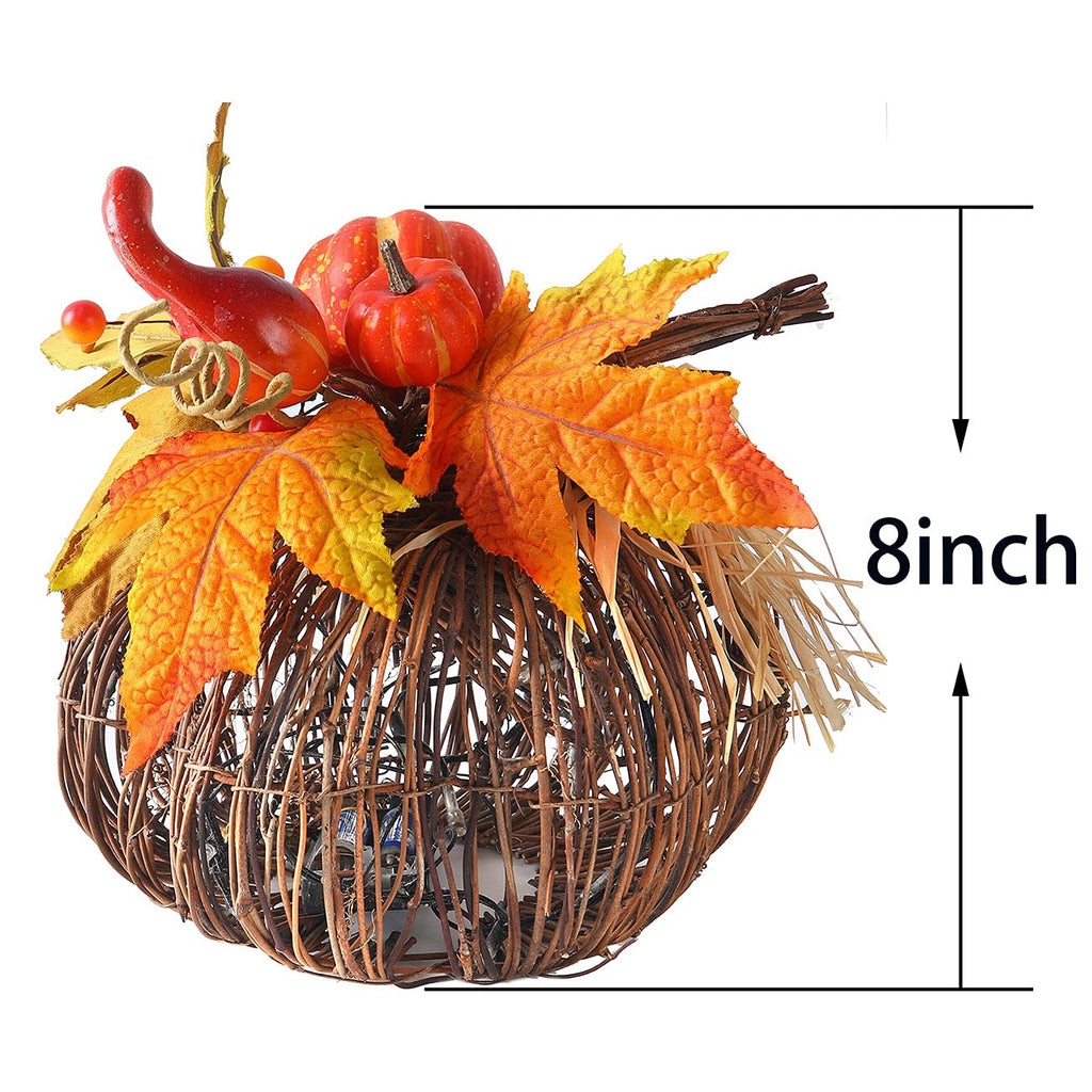 8 Inch Lighted Pumpkin Fall Decor - LED Thanksgiving Decoration with Maple Leaves, Berries, and Pumpkin, Autumn