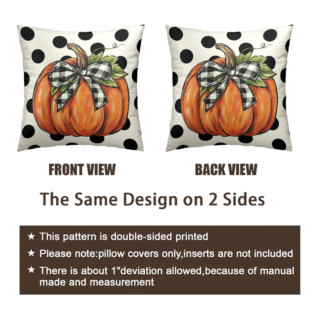 Fall Pumpkin Pillow Covers 16x16 Set of 2 Black Polka Dot Buffalo Plaid Bow Autumn Throw Pillow Cases Rustic