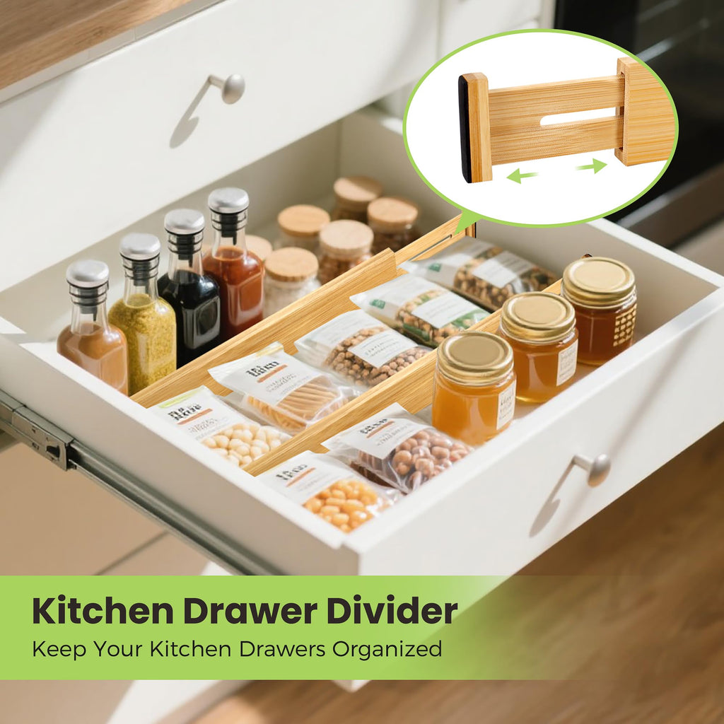 Drawer Organizer, Spring-Loaded Expandable Bamboo Dividers 8-Pack