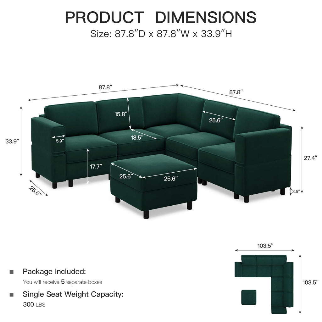 Modular Sectional Sofa with Storage Seats Velvet L Shaped Corner Couch Convertible Sectional Sofa with Chaise (Green