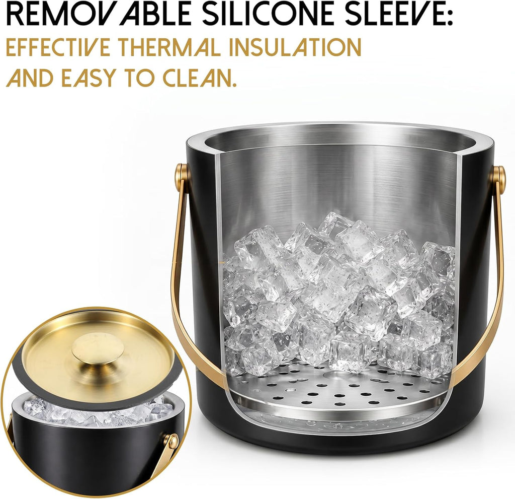 3L Modern Insulated Ice Bucket with Silicone Lid, Scoop, Strainer Double Wall Insulated Stainless Steel Ice-Bucket