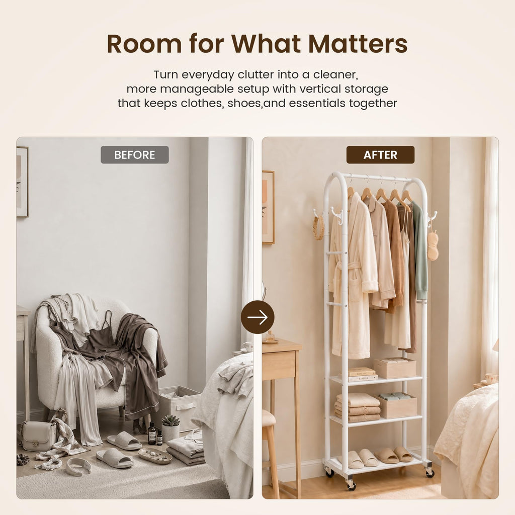 Small Clothes Rack with 3-Tier Mesh Shelves & 8 Hooks, White