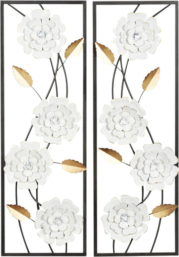 Metal Floral Home Wall Decor Dimensional Floating Wall Sculpture with Black and Gold Accents Wall Art 12"W - Set of 2