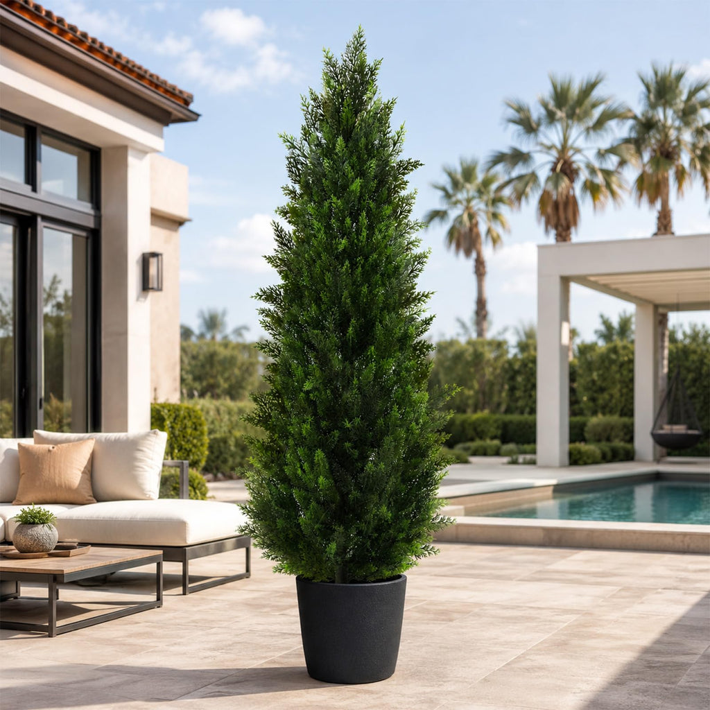 Artificial Topiary Cedar Trees 6FT Tall 2 Set, Outdoor Indoor Faux Pine Shrubs Plants, Realistic Fake Plants Front