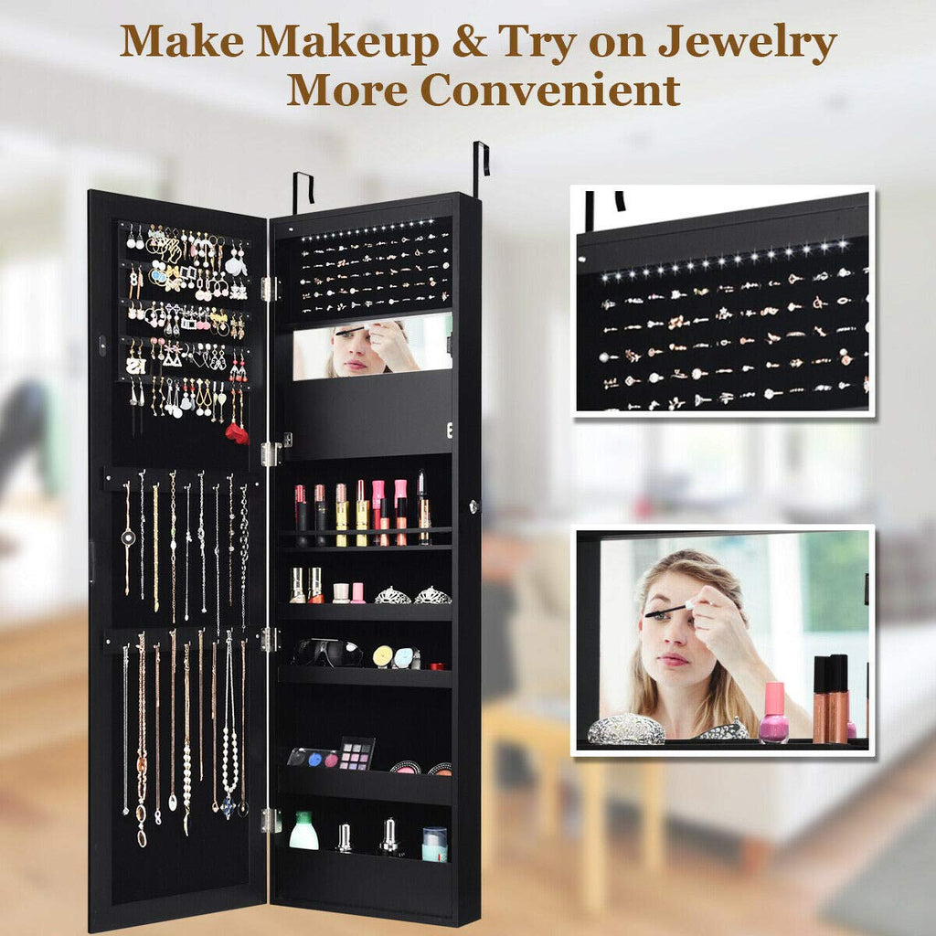 Wall Mounted Jewelry Cabinet, Lockable Door Hanging Jewelry Armoire w/ 12LEDs, Space Saving Makeup Display Cabinet