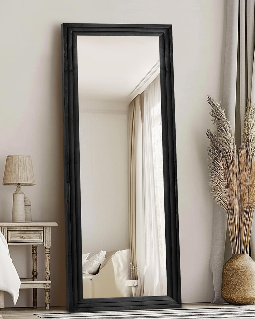 65x22in Full Length Mirror, 3-Tier Stepped Solid Wood Frame, Black