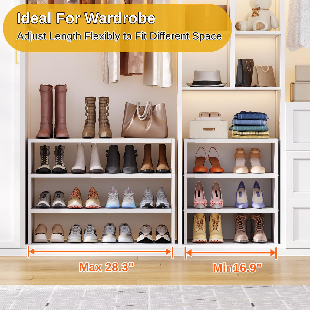 White Shoe Rack Organizer for Closet, 3-Tier Expandable Shoe Shelf, Stackable Iron Wood Combination Shoe Racks