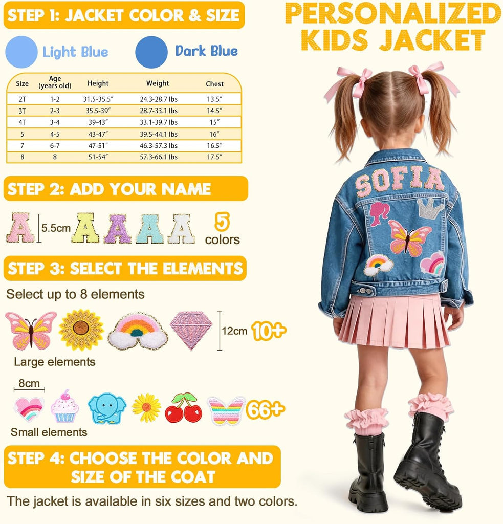 Personalized Kids Denim Jacket w Name & Patches, Custom Girls Jean Jacket