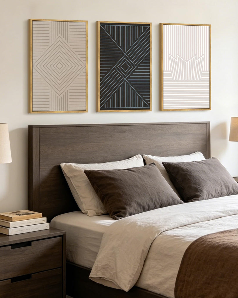Minimalist Abstract Bohemian Framed Wall Art Modern Boho Neutral Line Wall Decor Geometric Artwork Bedroom Dining