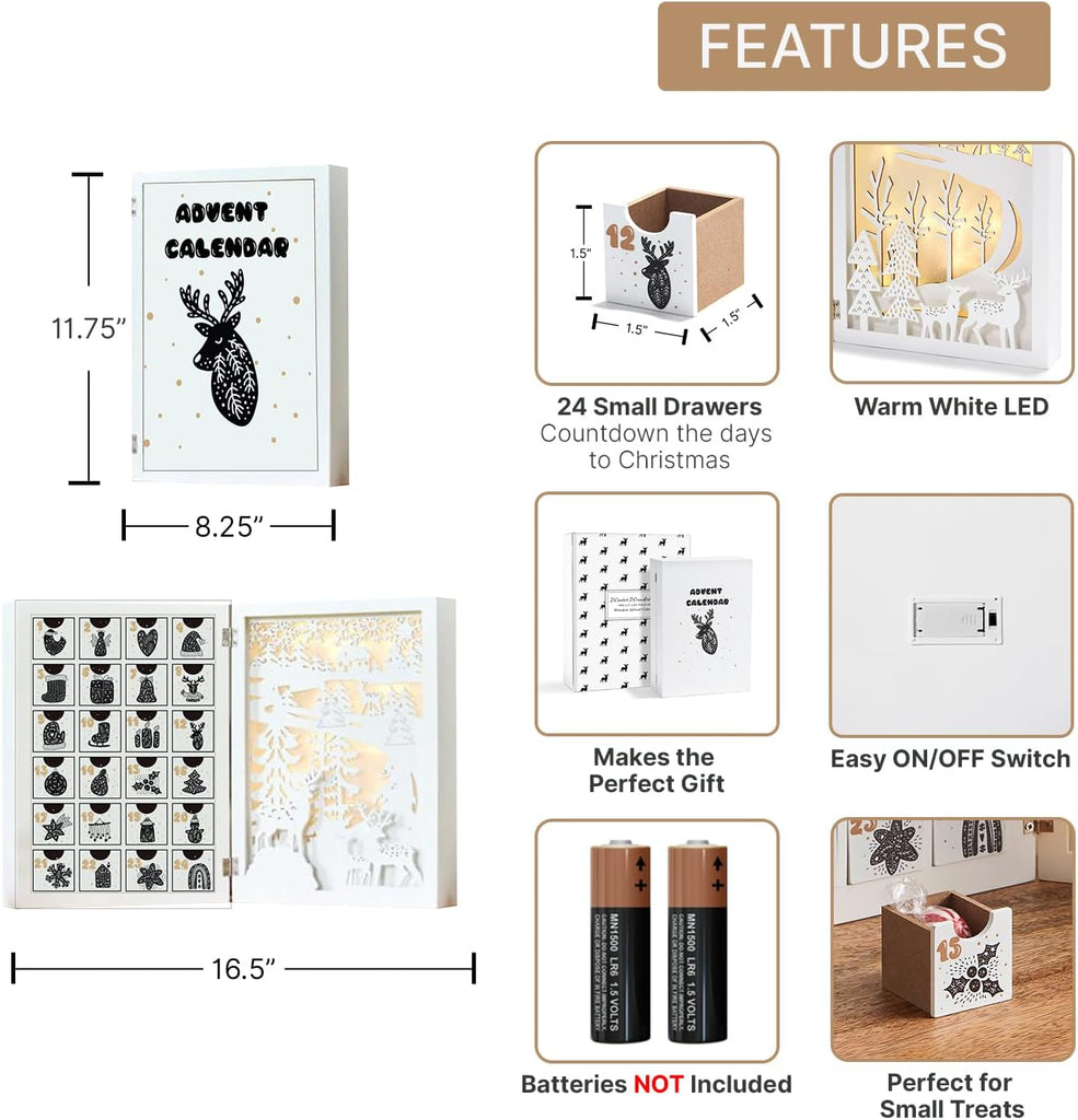 Wooden Advent Calendar with Drawers & Lights, 12 Inch White