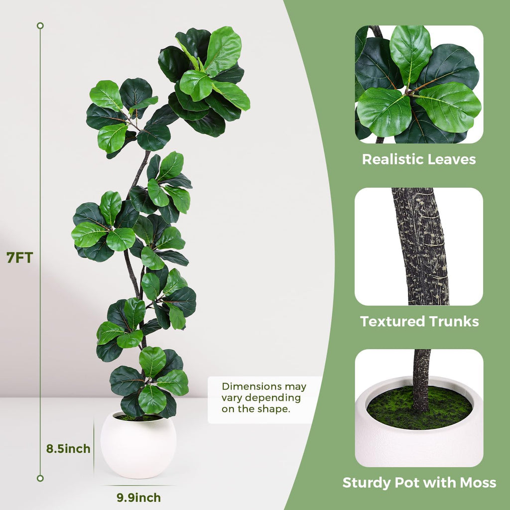 Artificial Fiddle Leaf Tree, 7ft Faux Plant Fake Ficus Lyrata Trees with White Planter & Moss, Artificial Fig Trees