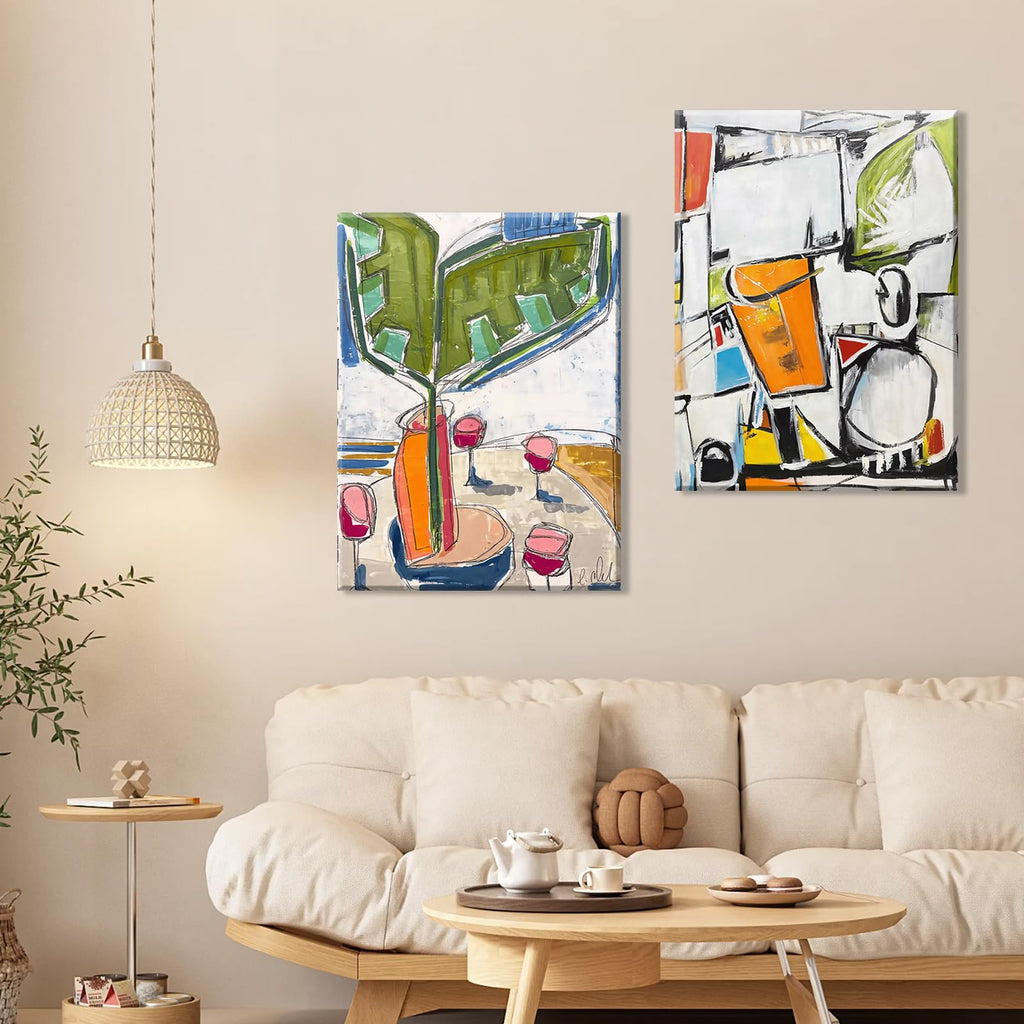 Framed 2pcs Abstract White Green Wall Art Geometric Print Colorful Dining Room Canvas Painting Modern Mexican Style
