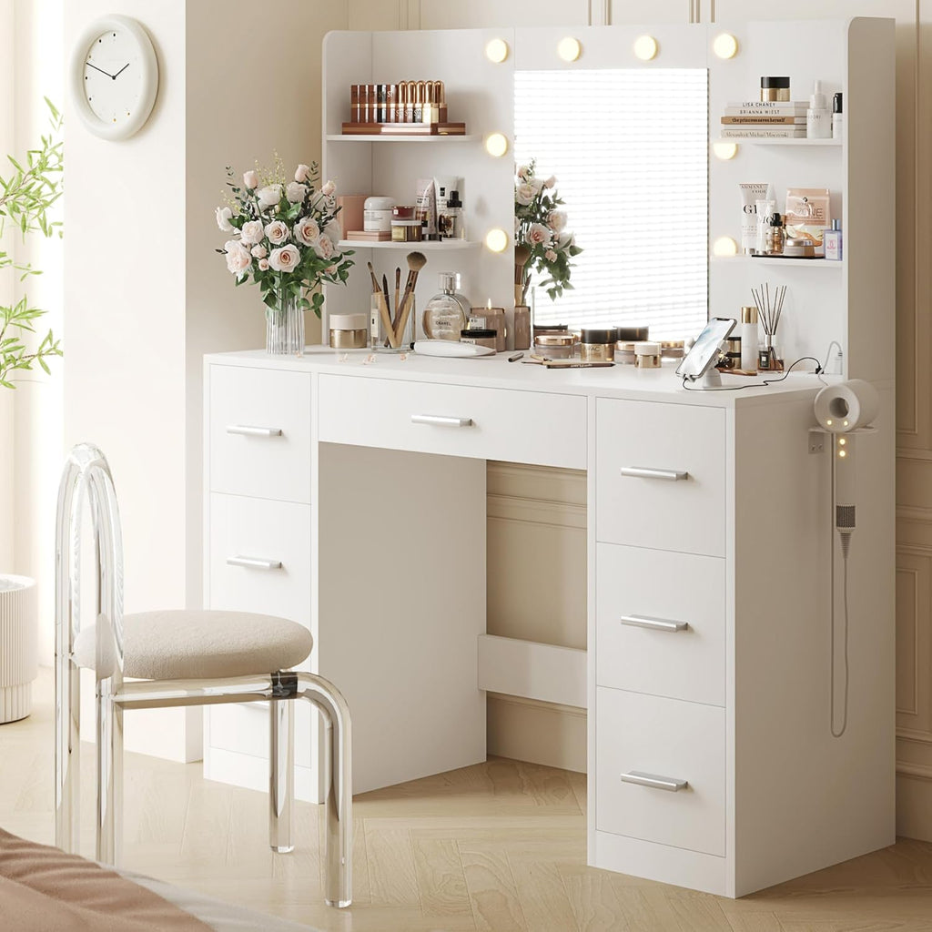 Vanity Desk with Mirror, Power Outlet and 10 Lights, Makeup Table with 7 Drawers, 3 Color Modes Available , Pure White