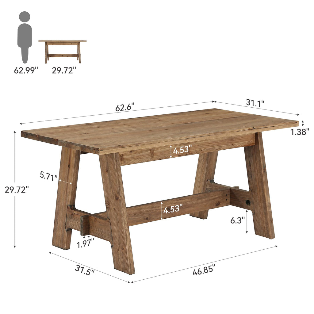 63-Inch Farmhouse Dining Table for 4-6, Natural Solid Wood Rectangle Kitchen Table, Rustic Wooden Dinner Furniture