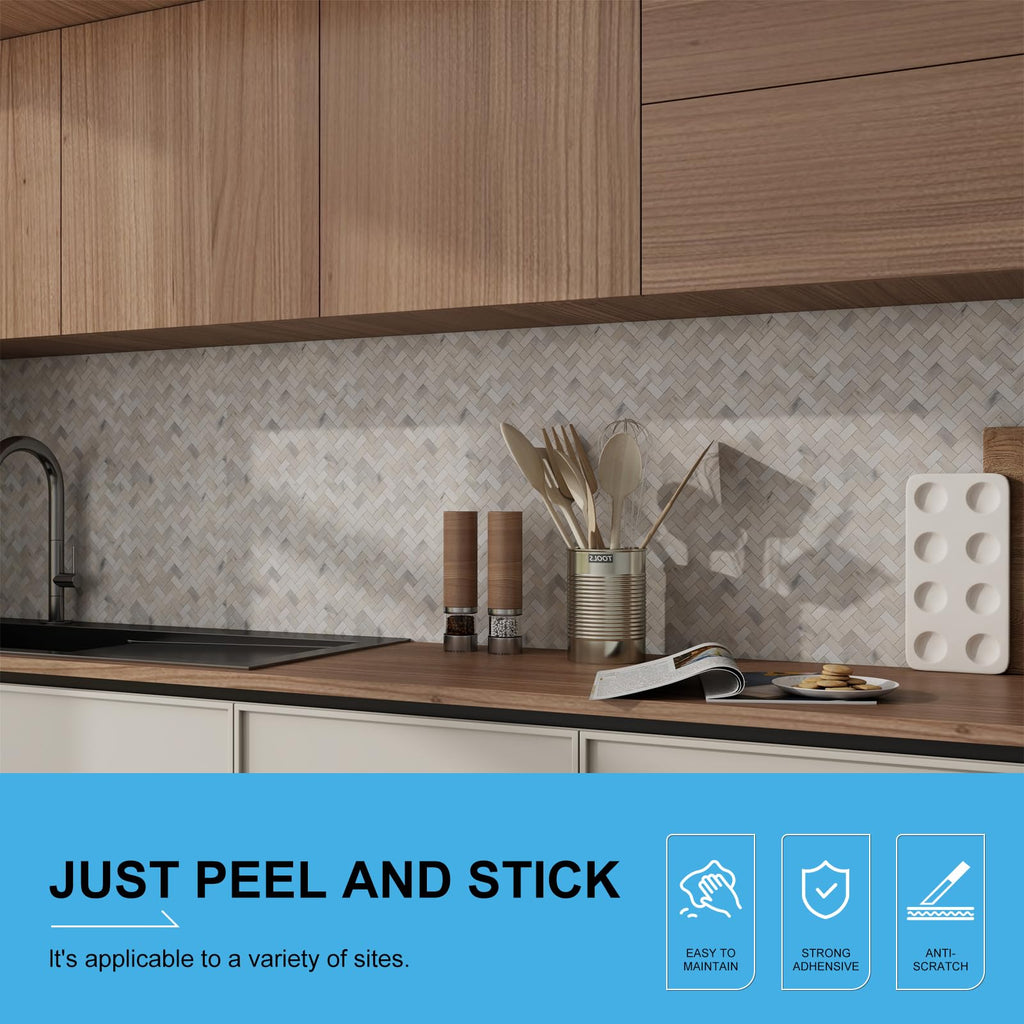 Herringbone Peel and Stick Backsplash Real Marble Tile, 5 Sheets