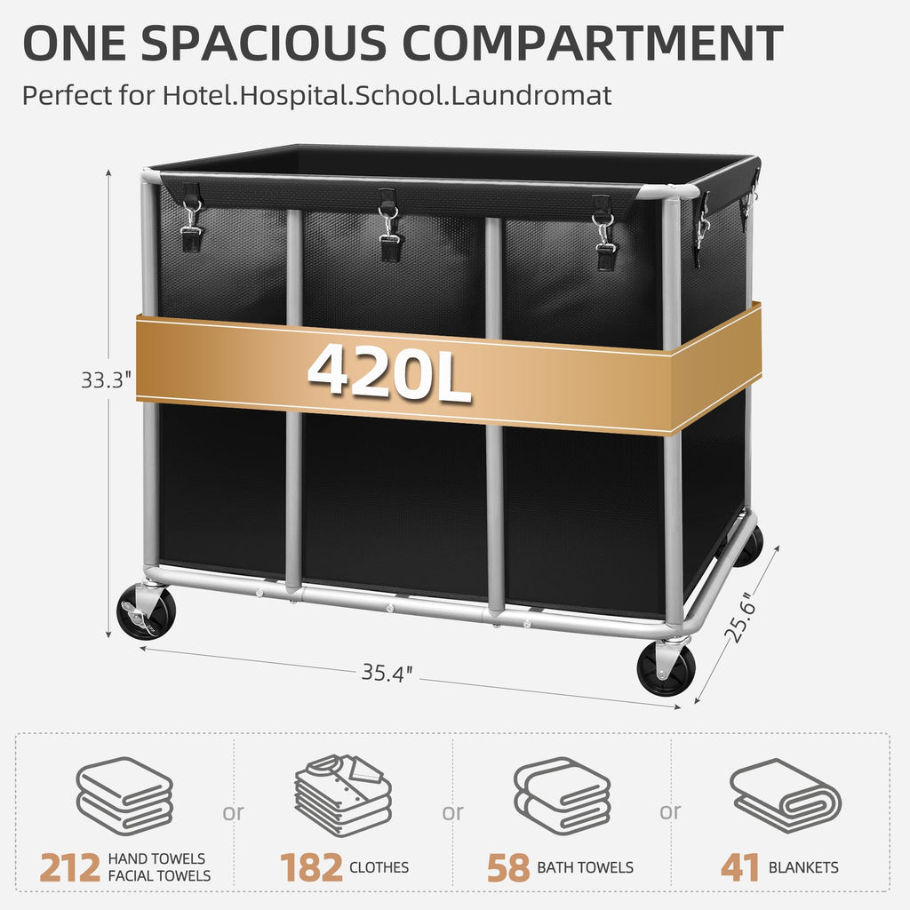 Commercial Laundry Cart with Wheels, 420L Black
