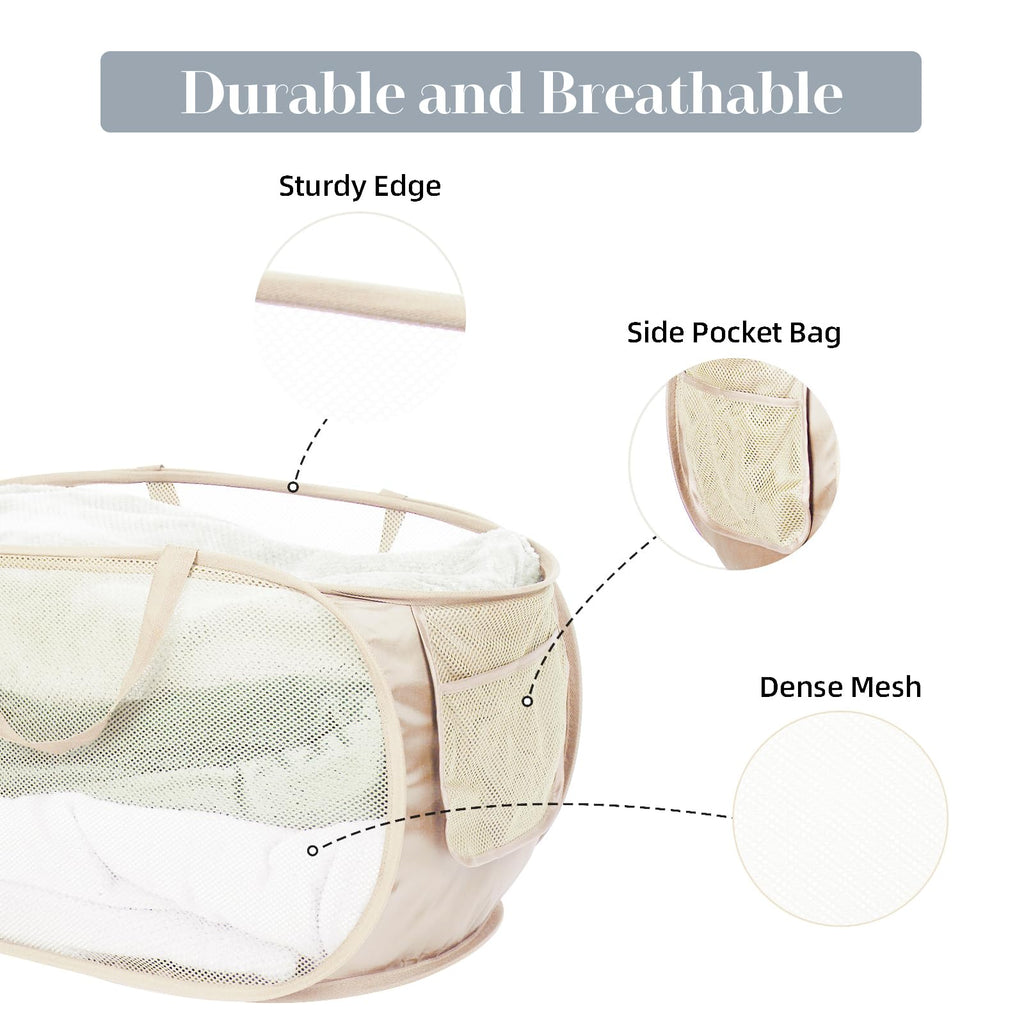 Durable Collapsible Laundry Baskets, Mesh Pop Up Laundry Hamper with Side Pocket, Foldable Clothes Hamper with