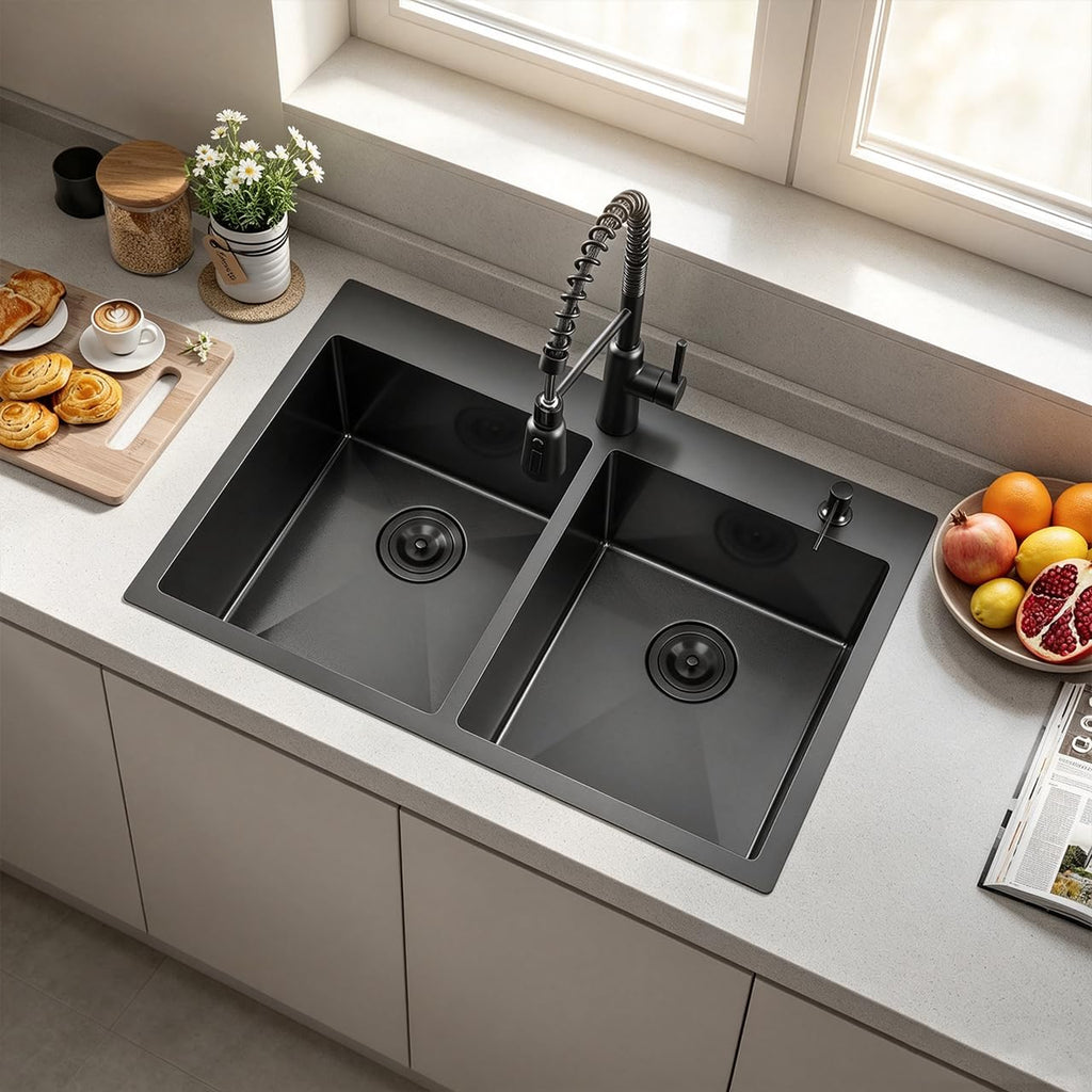 33x22 Inch 50/50 Double Bowl Black Drop In, 16 Gauge Gunmetal Stainless Steel Top Mount with Grid, Drain and