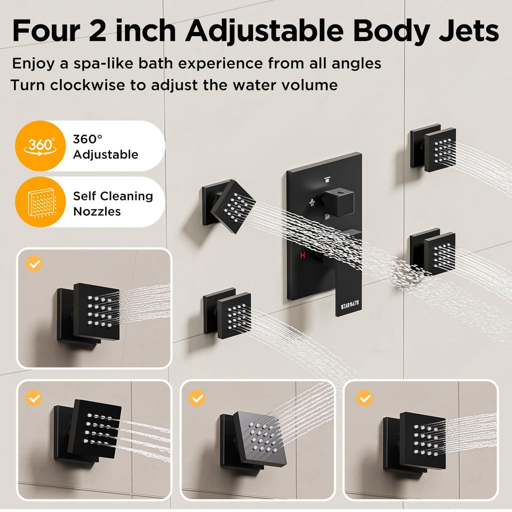 Shower Systems with Body Jets, 4 Way 12+6" Rainfall Shower Head with Handheld Spray Combo, Ceiling Mounted Shower